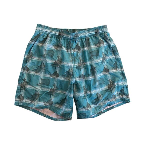 Guy Harvey Swim Trunks Mens Medium Blue Green Sword Fish Print Mesh Lined‎ - Picture 1 of 7